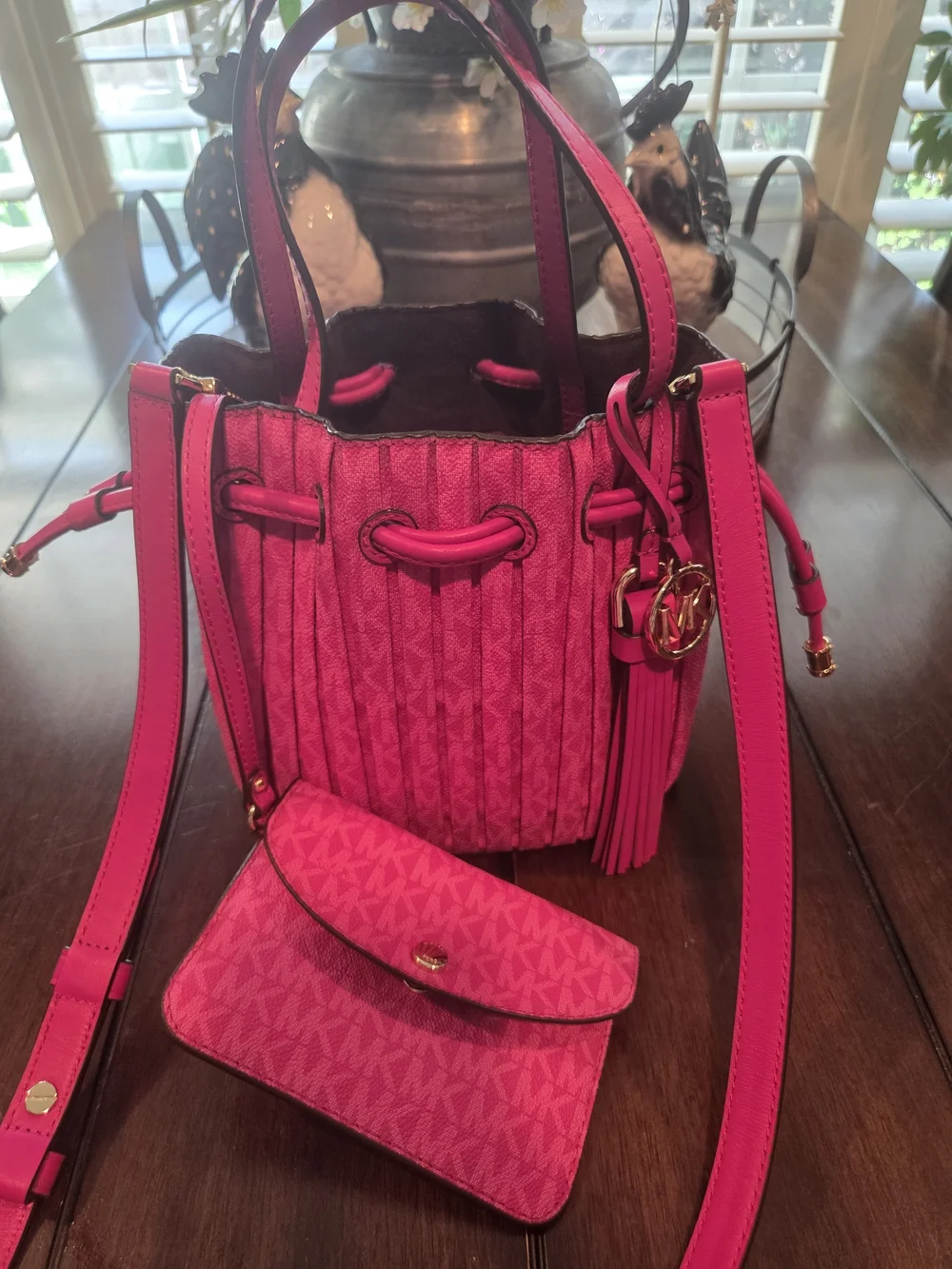 Michael Kors Pink Drawstring Pleated Bucket Bag Raspberry Signature Crossbody.